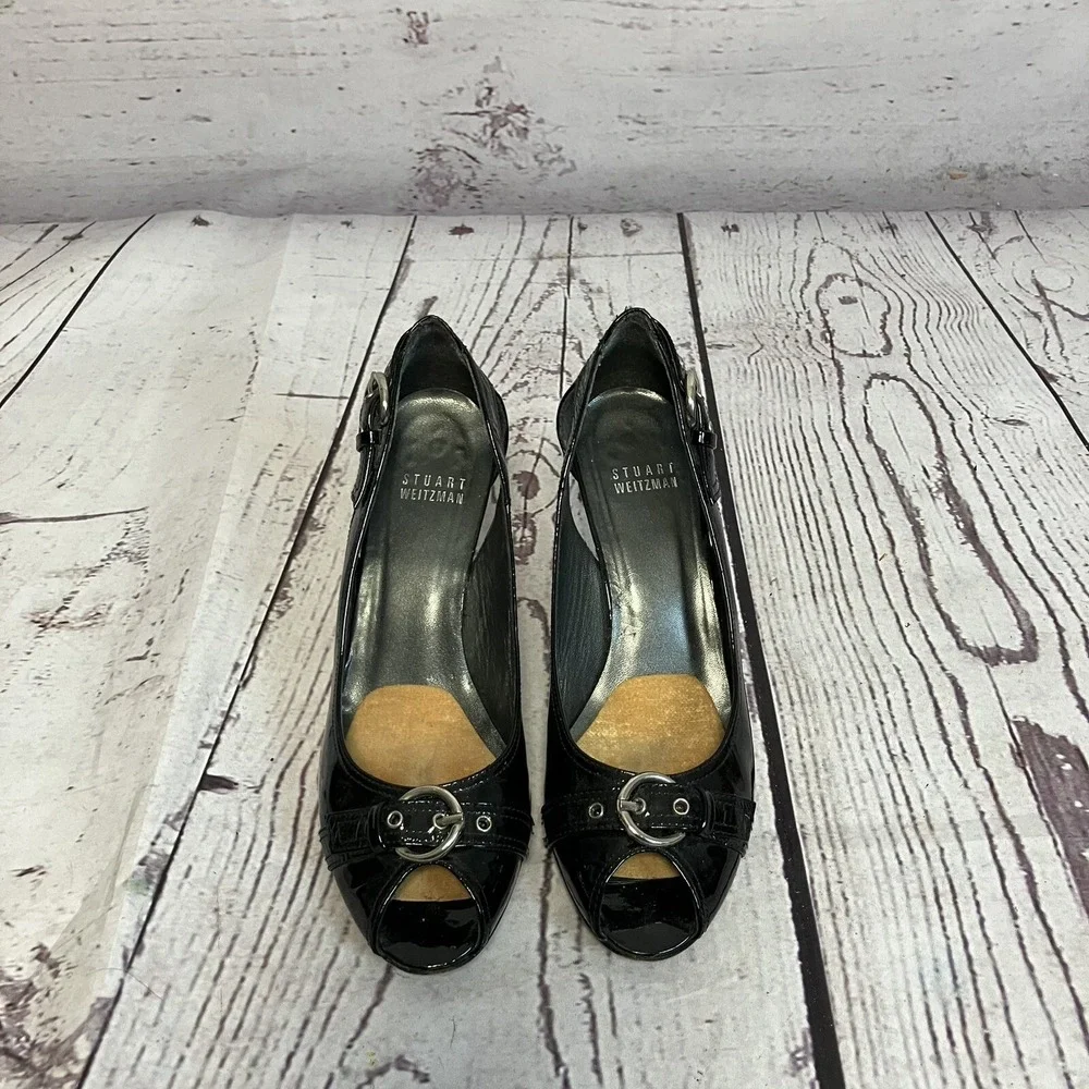 Stuart Weitzman Womens Pumps Size 6.5 Black Patent Leather Peep Toe Heels